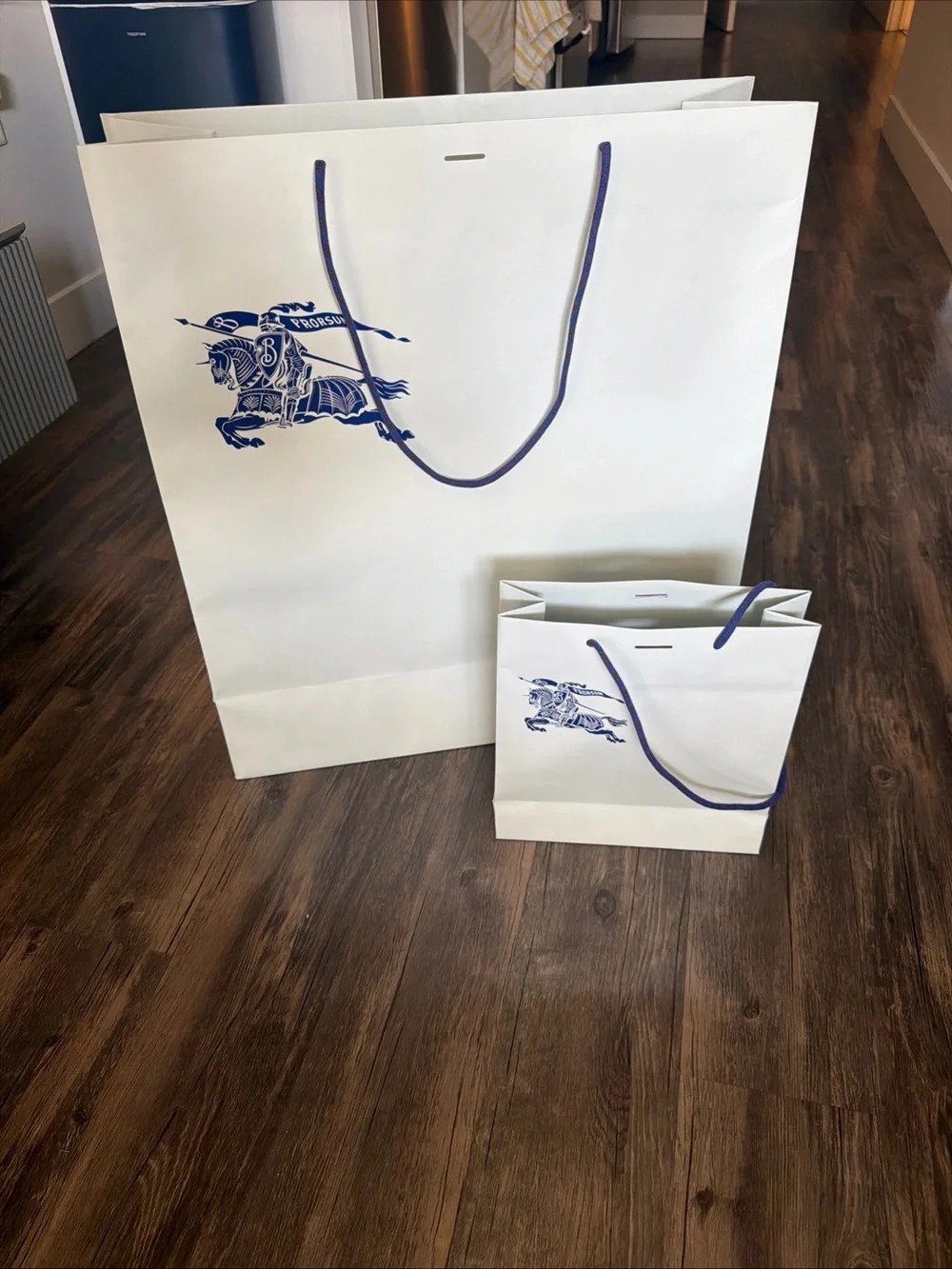 Burberry White Gift Bags with Navy Blue Logo and Rope Handles